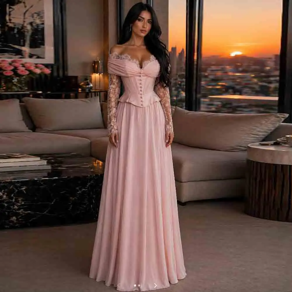 

Customized Pink Chiffon A Line Evening Dresses Lace Off the Shoulder Wedding Guest Party Gown Corset Peplum Formal Maxi Dress