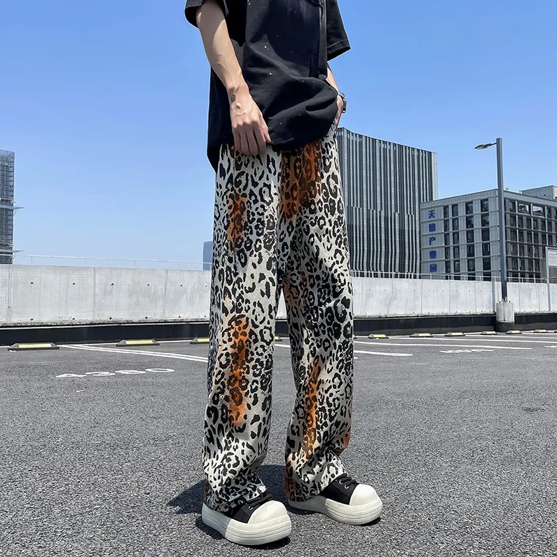 OIMG Y2K Fashion Tie Dye Leopard Baggy Jeans Pants For Men Clothes Straight Gothic Long Trousers Pantalones Hombre