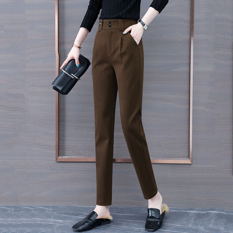 

Женские шерстяные брюки Thiened Fce с высокой талией, прямые свободные утягивающие брюки Харлан-морковка, повседневные костюмные брюки