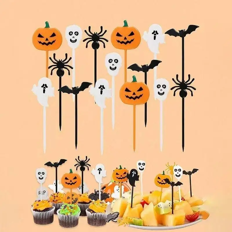 10pcs Halloween Plastic Toothpicks Cakes Fruit Skewers Fruit Forks Inserted Skewers Party Supplies Paper Cupcake Decorations