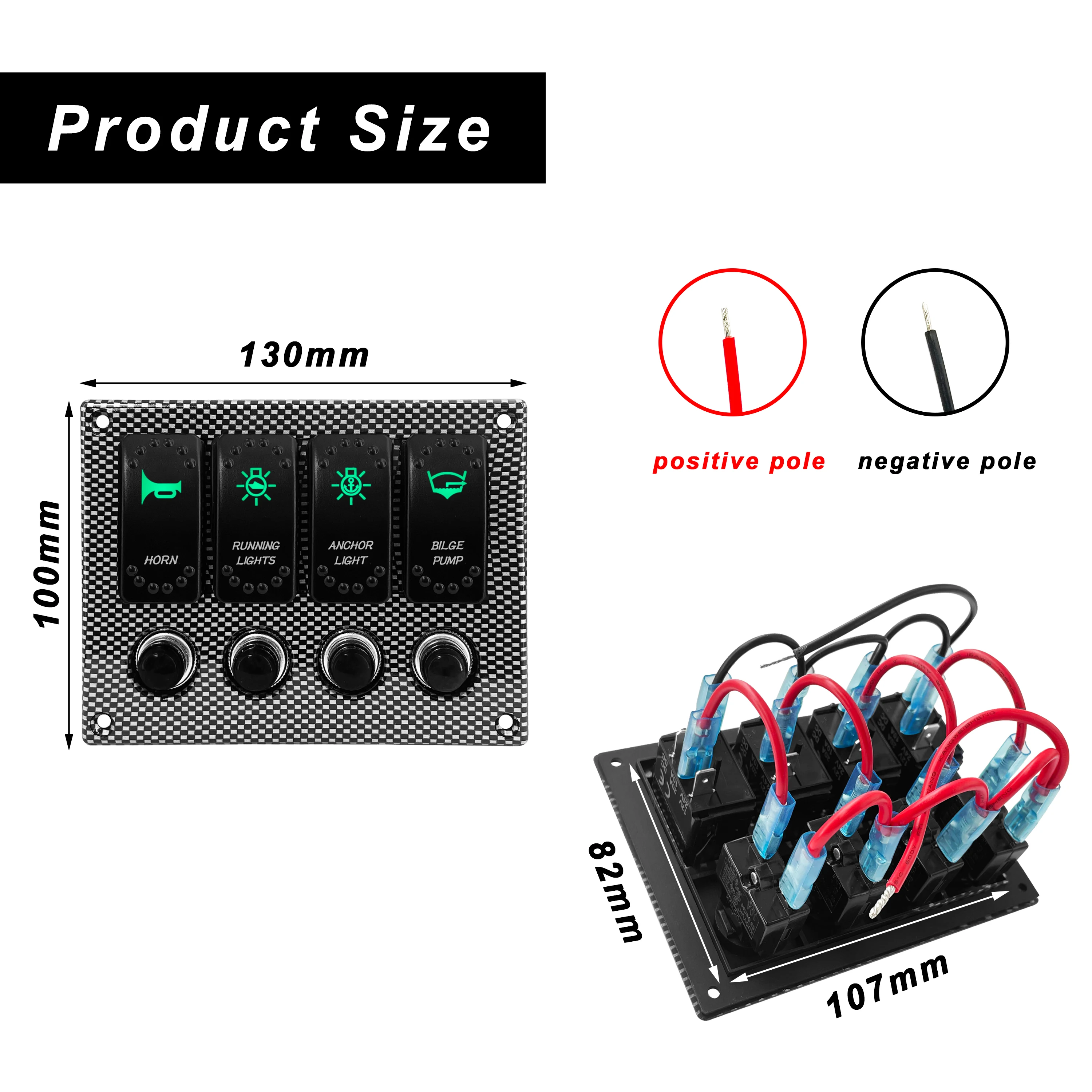 12V Marine Boat 4 Gang Rocker Switch Panel HORN RUNNING LIGHTS ANCHOR LIGHT BILGE PUMP Green & Blue Led Car Switch Waterproof