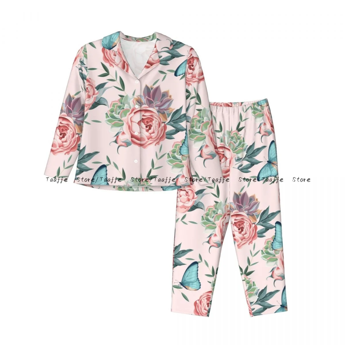 Women's Pajamas Long-sleeved Girl Loungewear Two-piece Set Watercolor Rose Flower Pajamas for Autumn Spring