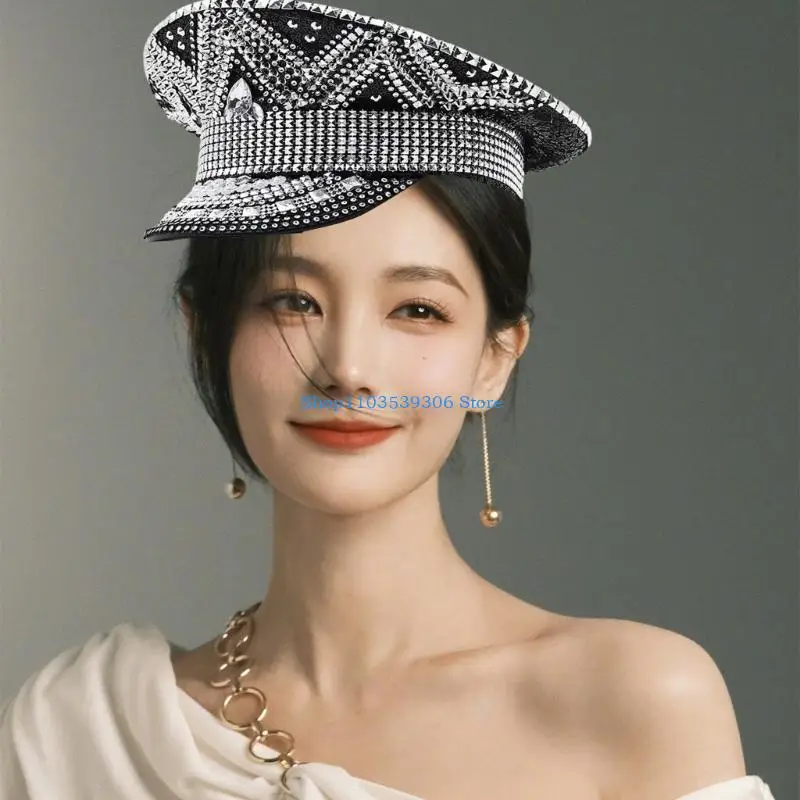 400A حجر الراين العروس قبعة قبعة عسكرية قبعة الزفاف هالوين حفلة الكابتن قبعة السفر التقاط صور الزفاف قبعة ضابط قبعة