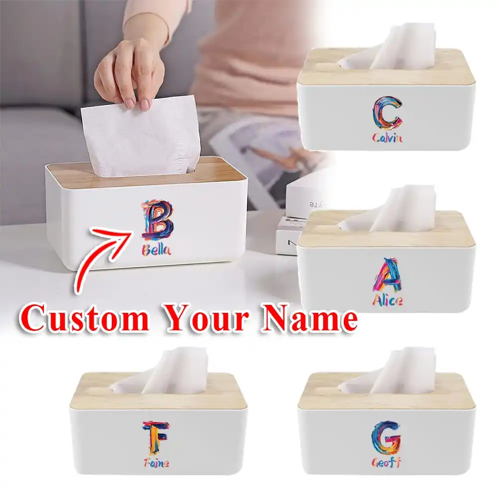 

Customized Name Desktop Tissue Box Simple and Durable Napkin Storage Rack with Natural Wooden Cover Colorful Painting Pattern