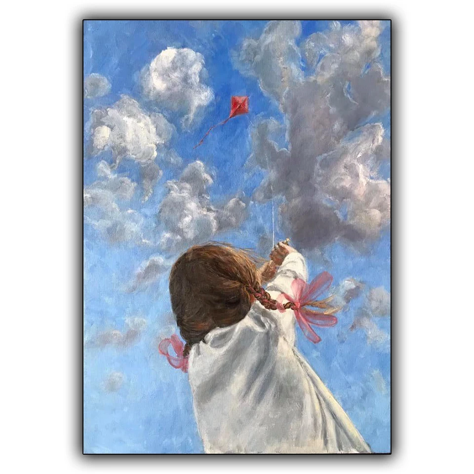 5D DIY Diamond Painting Girl Flying Kite Diamond Art Kit for Adults, Sky Clouds Full Square Round Drill Painting Home Decor