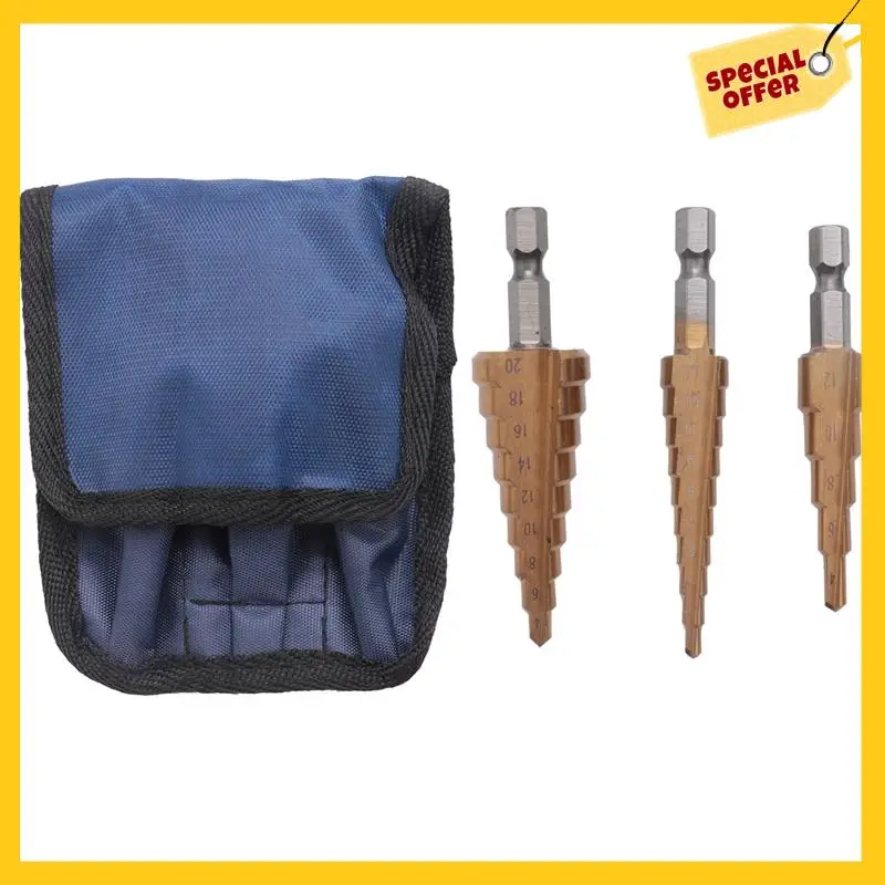 

3Pc Hss Step Cone Taper Drill Bit Set Metal Hole Cutter Metric 3-12 4-12 4-20Mm 1/4 Inch Titanium Coated Metal Hex Taper