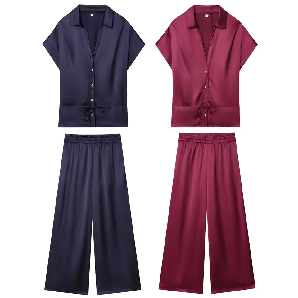 

2025 New Satin Texture Lapel Short Sleeve Shirt Drawstring Hem High Waist Elastic Wide Leg Pants Two Piece Set Women Outfit