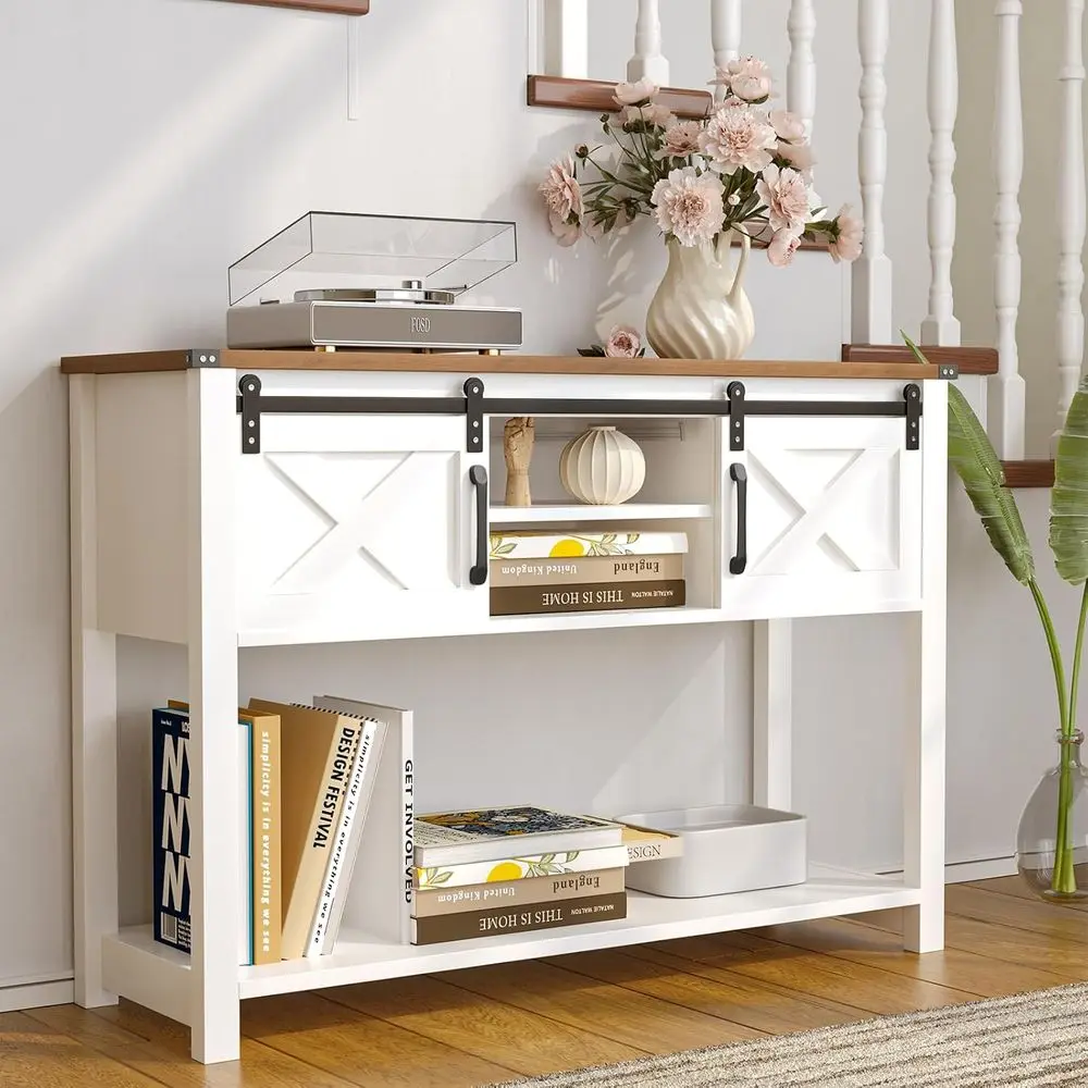 

LED-lit Entryway Table, Sliding Barn Door Sofa Table, Adjustable Shelves, 46 Rustic Storage Table, Antique White for Hallway, Li