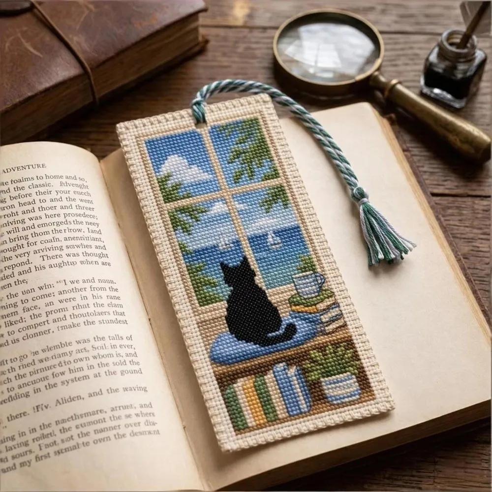 Seasonal Cat Cross Stitch Bookmark Material Kit Handcrafted with Braided Rope Embroidery Page Marker Embroidery Kit