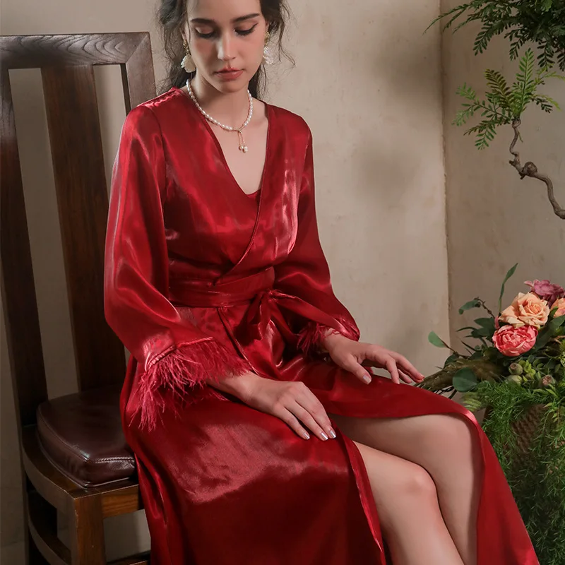 Sexy Feather Sleeve Bathrobe Kimono Loungewear Bride Morning Gown Women Satin Homewear Long Sleepwear Casual Nightwear Lingerie