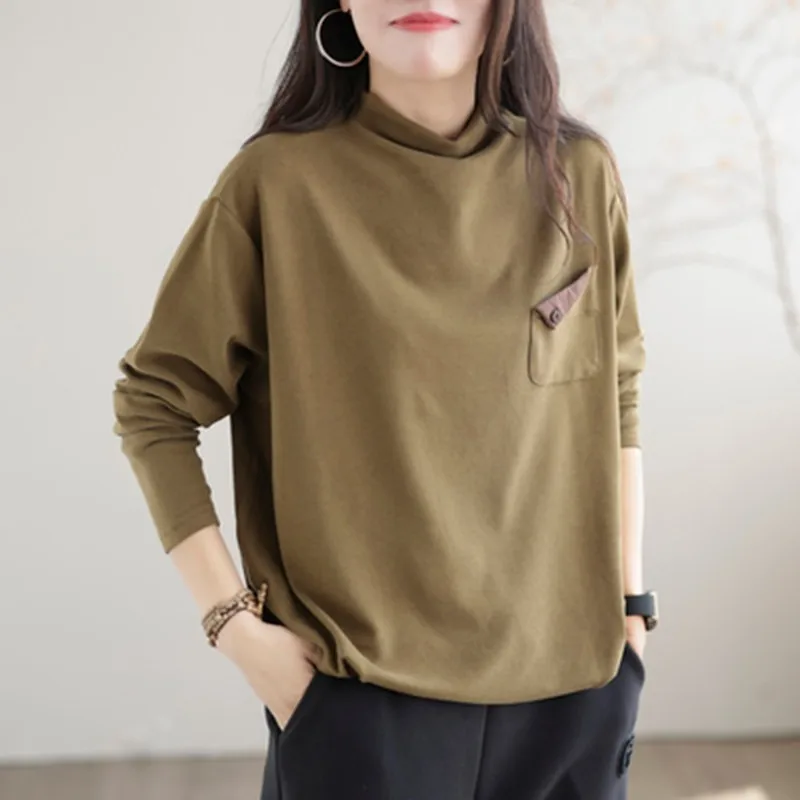 2022 Autumn New Arts Style Women Long Sleeve Loose Turtleneck T-shirt Single Pocket Design Casual Tee Shirt Femme Tops C628