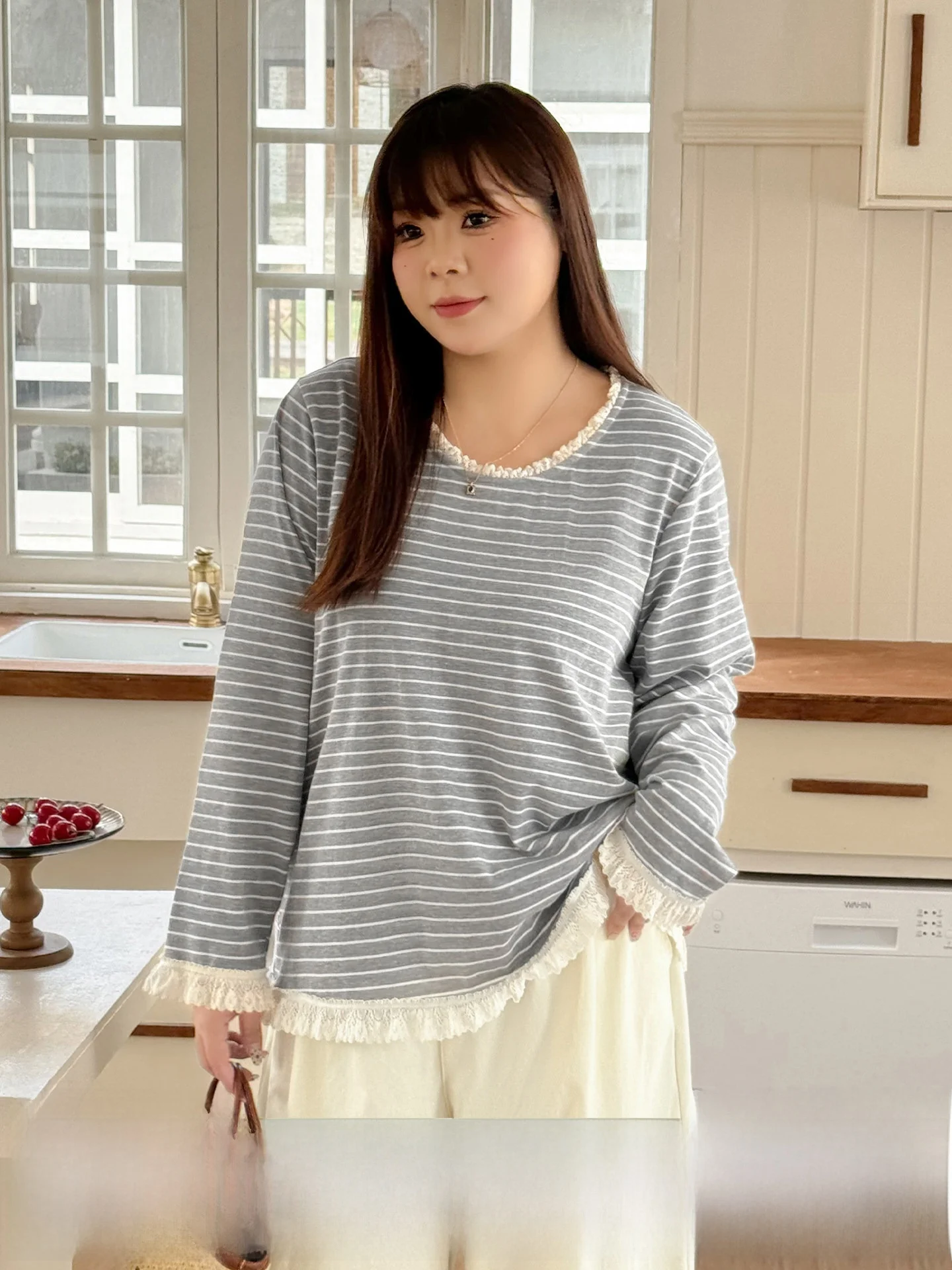 

plus Size Women's Street Sle T-irt Lace Patchwork Long Sve round Ne Spring Top Floral Stripe Casual Loose Fit Cotton