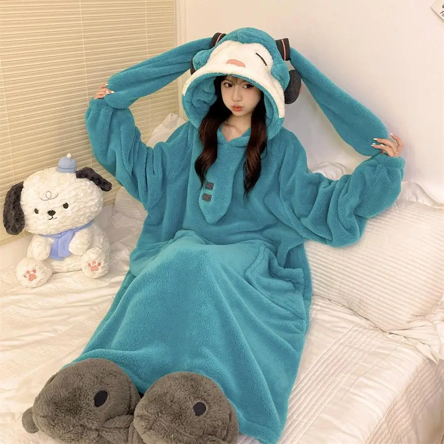 Novo dos desenhos animados miku pijamas camisola menina miku inverno coral veludo engrossado pijamas camisola com capuz loungewear presente do feriado brinquedos