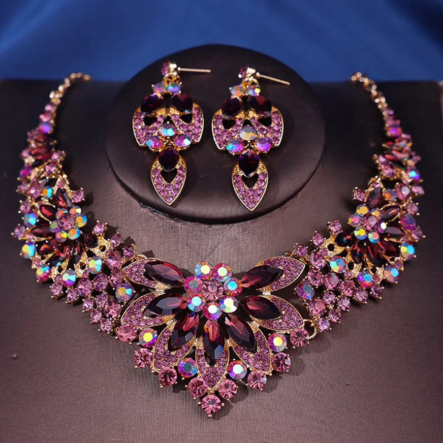Women's Retro Leaf Multicolored Flowers Necklace & Earring Set