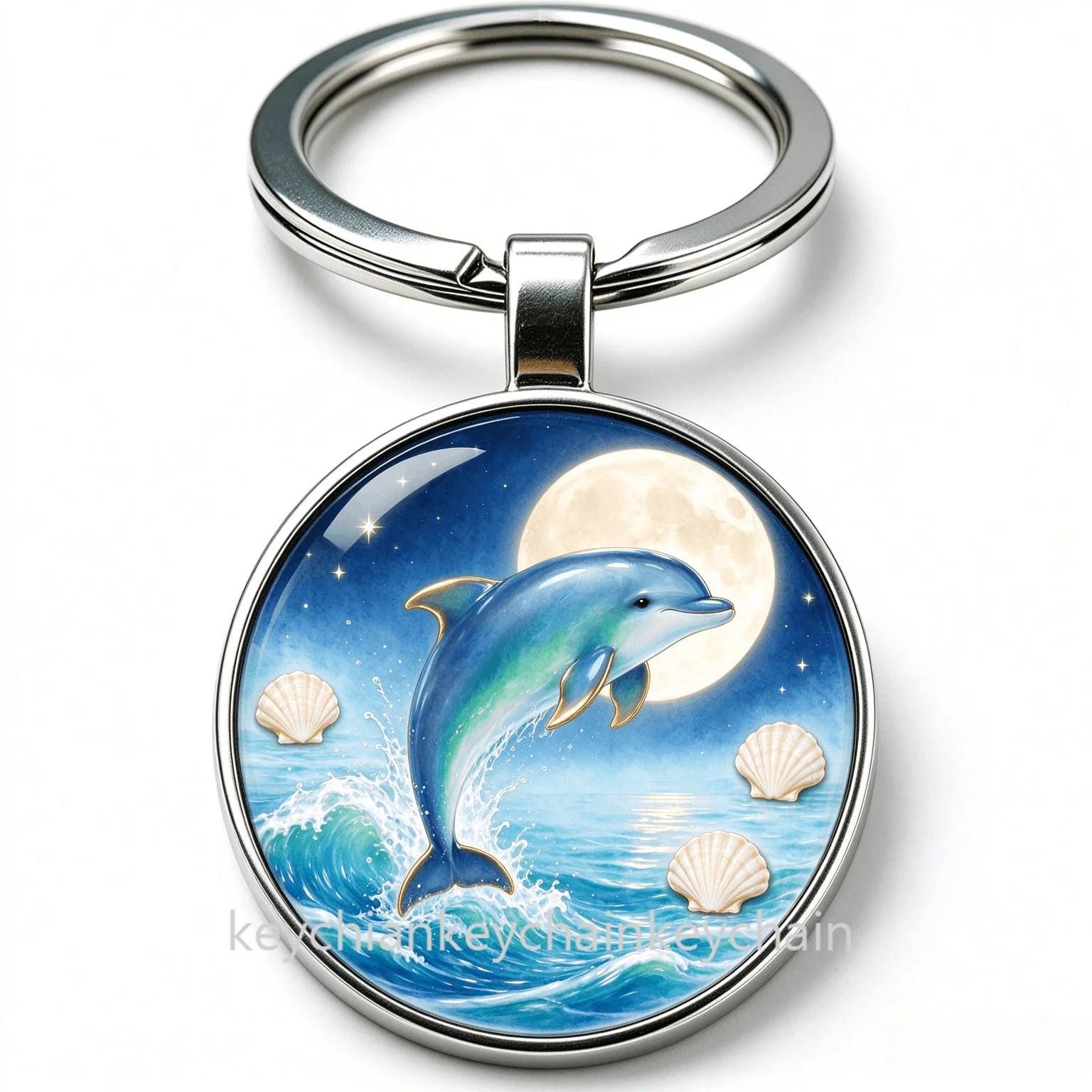 Moon Night Dolphin Ocean Keychain Key Ring Animal Bag Charm Car Key Holder Gift for Men Women
