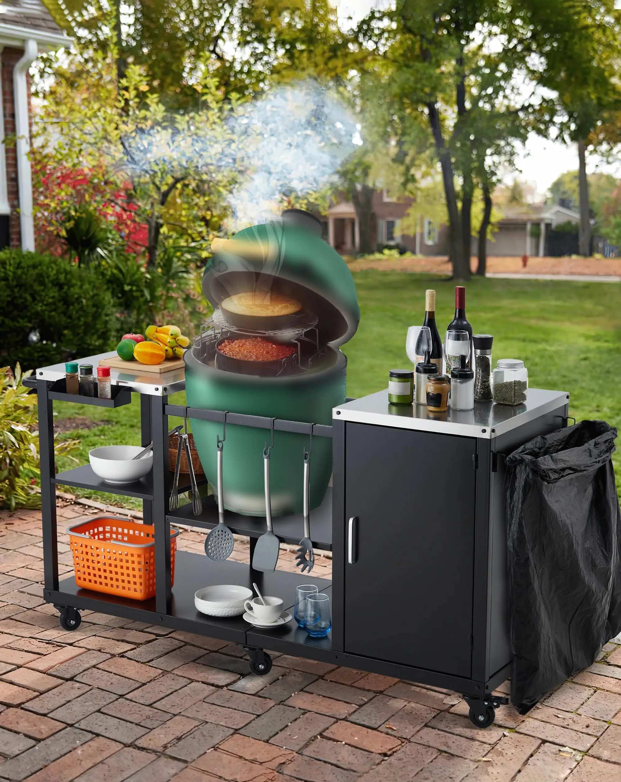 Grill Table for Big Green Egg Style BBQ, Heavy Duty Metal Outdoor Grill Station Prep Table with Storage,BBQ Prep Table with Stainless Steel Top, Storage Cabinet, Outdoor Kitchen Island