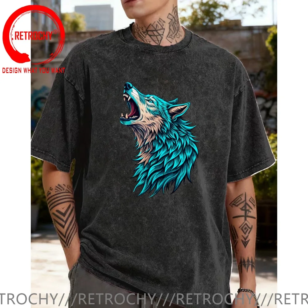 Vintage Washed Cotton T-Shirt Funny Designer Howling Wolf Head T Shirt Men Fashion Trendy Casual Clothing Stylish Tops Tees