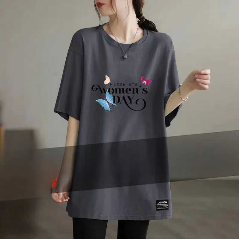 

Женская футболка средней длины с коротким рукавом, удобная, дышащая, повседневная, модная, для женщин среднего возраста, с круглым вырезом, с цветочным принтом и бабочками