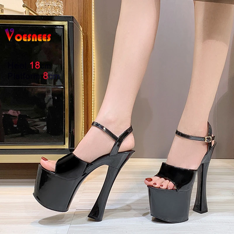 Summer Women Sexy Model Catwalk Square Heel Shoes 18CM High Heel Platform Sandals Candy Color Party Club Dance Perform Shoes