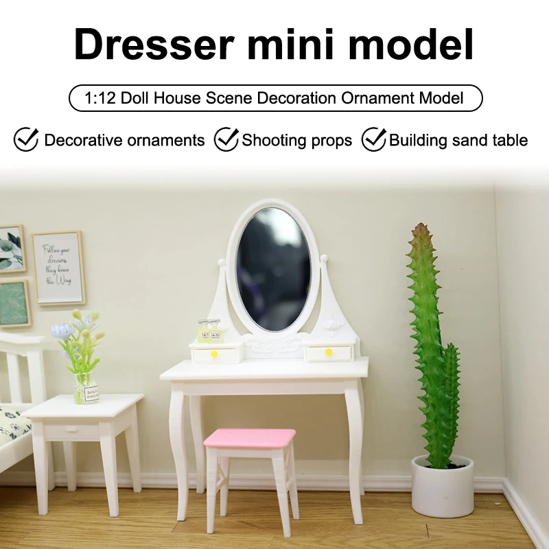 

1:12 Dollhouse Miniature Dressing Table-Realistic Vanity with Mirror& Drawers,Bedroom Centerpiece for Miniature Displays