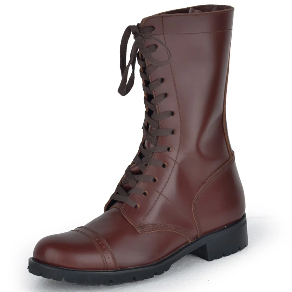 World War II Retro Paratrooper Boots Red Brown Cowhhide Umbrella Descent Soldier Lacing Ankle Boots Tough Guy Martens