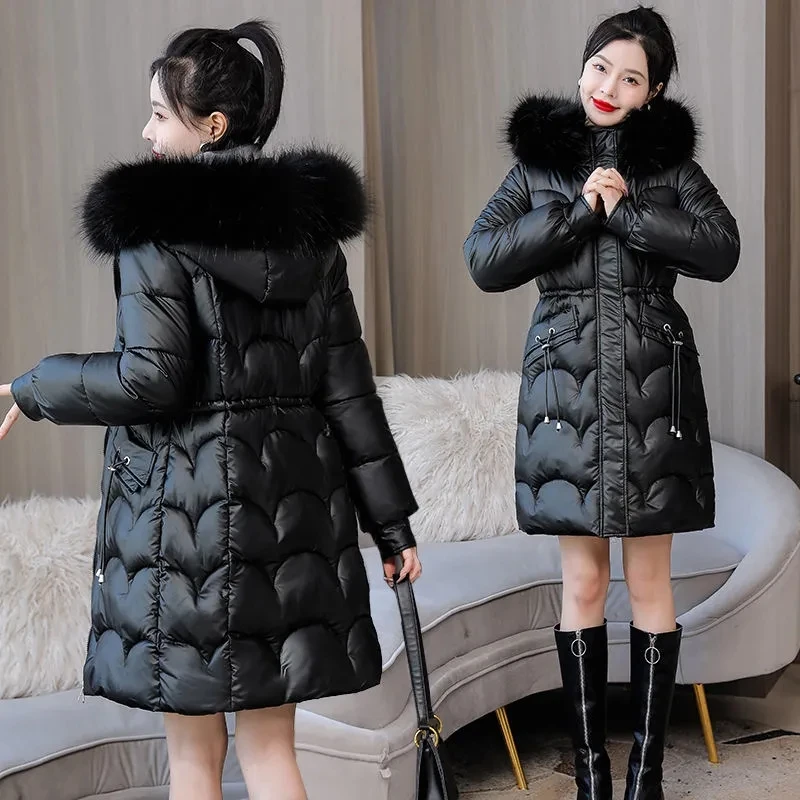 Imagem -05 - Parka Longa Impermeável para Mulheres Cabolsa Grosso Sobretudo Brilhante Cabolsa de Algodão Quente Solto Parka com Capuz de Inverno Novo 2023