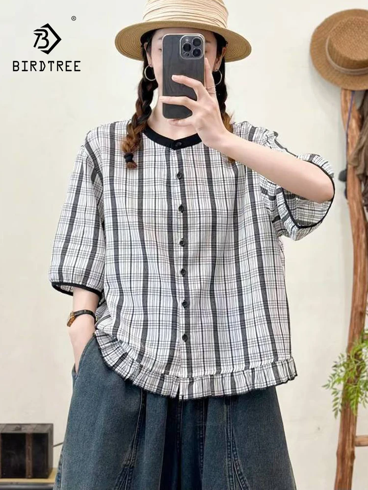 

New 2025 Summer Cotton Half Sleeve Shirt, Women O Neck Plaid Print, Mori Girl Vinatge Japan Style Casual Loose Blouse T56328CC