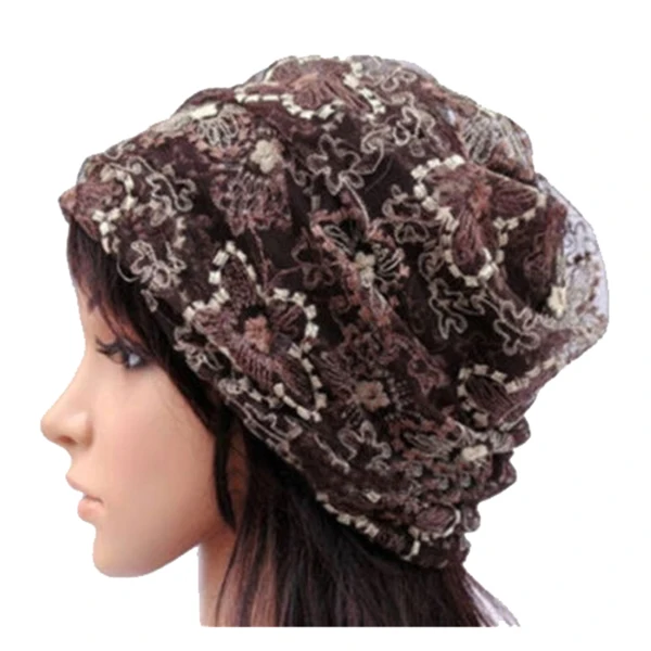 Women Lady Winter Bandana Beanie Turban Head Wrap Band Lace Hat Warm Cap, Coffee