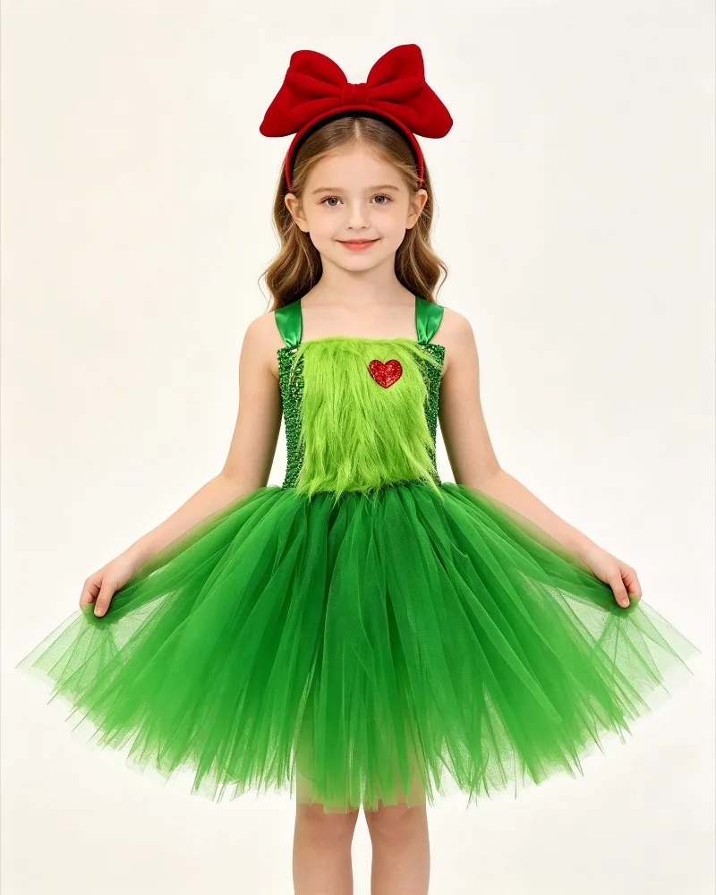 Christmas Mesh Green Tutu Dress for Girls Tulle Gown with Bow Headband Kids Birthday Banquet Fluffy Sleeveless Princess Vestidos