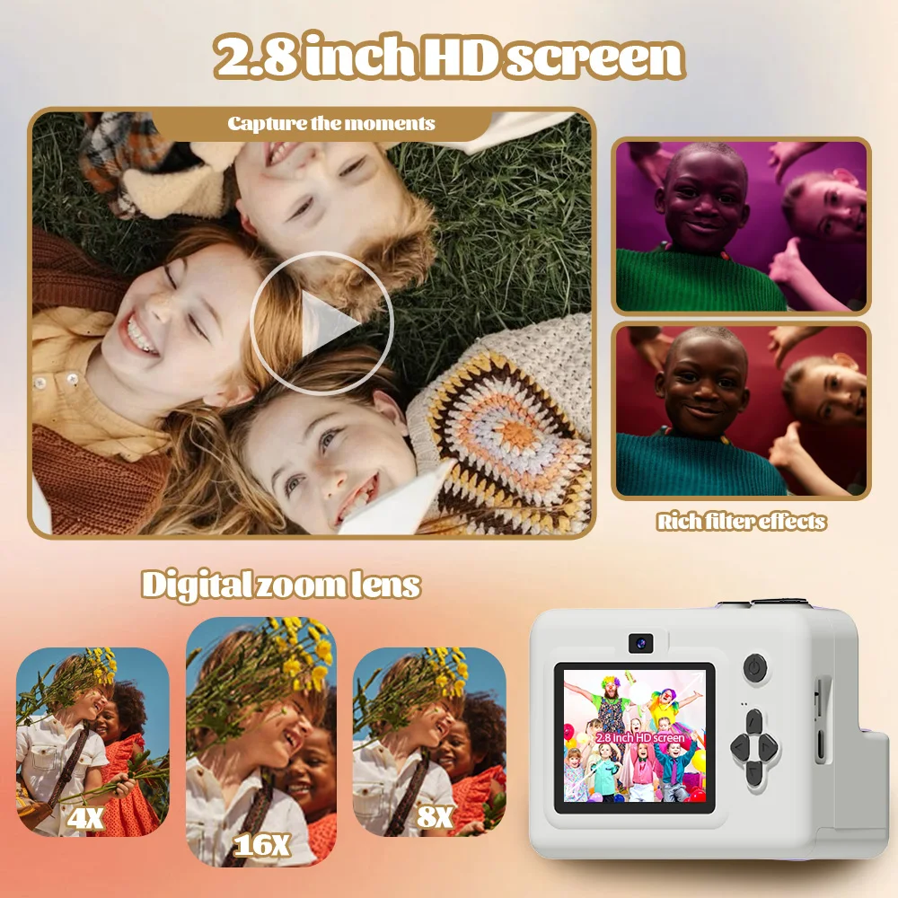 Fotocamera con stampa istantanea per bambini, giochi con foto, video, musica e puzzle, filtri | flash | doppie telecamere | Ricarica USB | regalo per ragazzi e ragazze 4+
