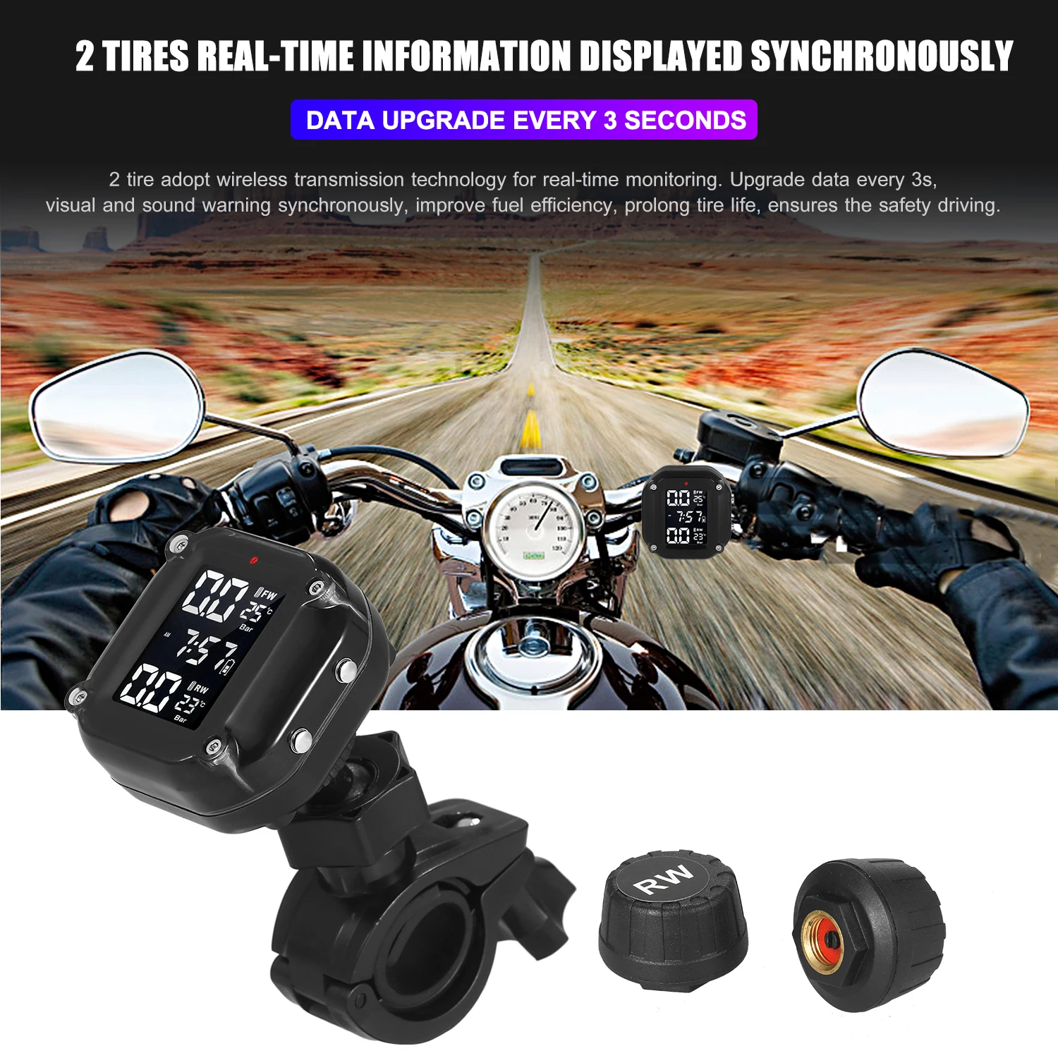 

Waterproof Motorcycle Tire Pressure Monitoring System 7Alarm Modes Auto Wake Up and Sleep Magnetic Charging Port with 2 External