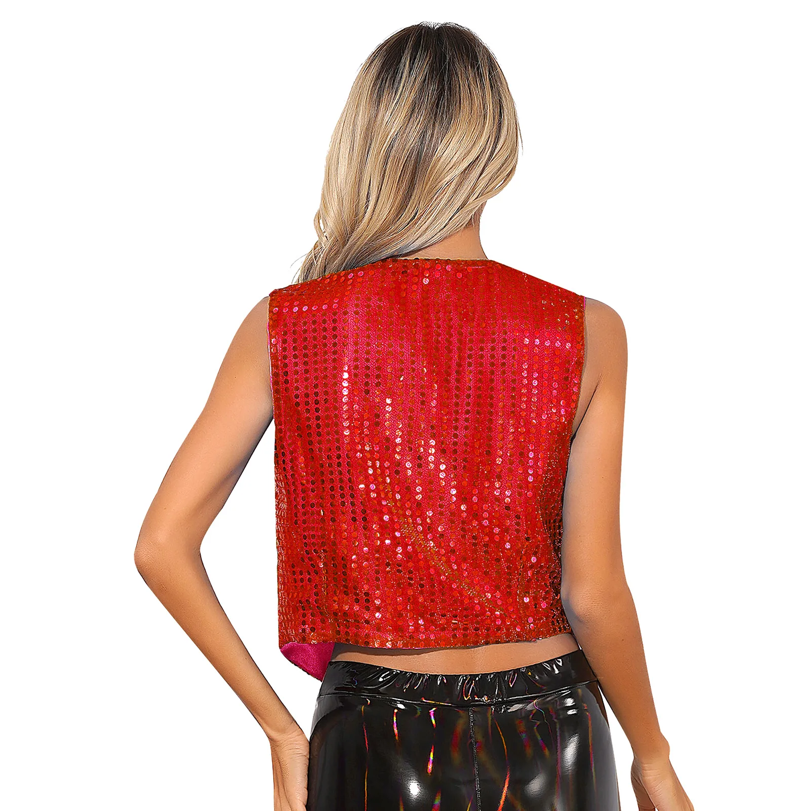 Womens Glitter Sequins Vest Button Up Pointed Hem Waistcoat Costume for Choir Jazz Dance Stage Performance