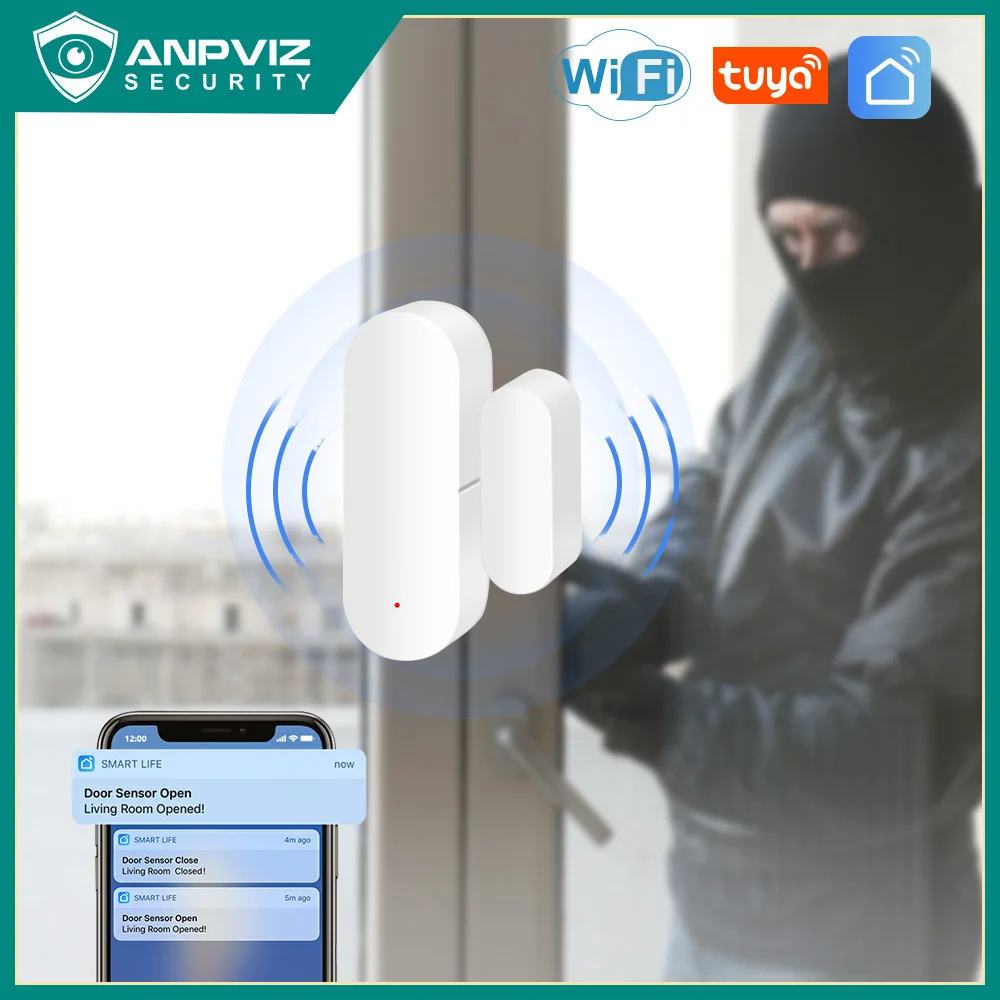 Anpviz Tuya Smart Home Wifi Door Window Sensor Security Protection Open/Closed Detector Compatível com Alexa Google Smart Life