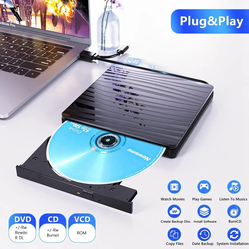 External CD/DVD Drive For Laptop, USB 3.0 & Type-C Portable CD DVD +/-RW Burner Optical Drive Reader Writer DVD Player Durable