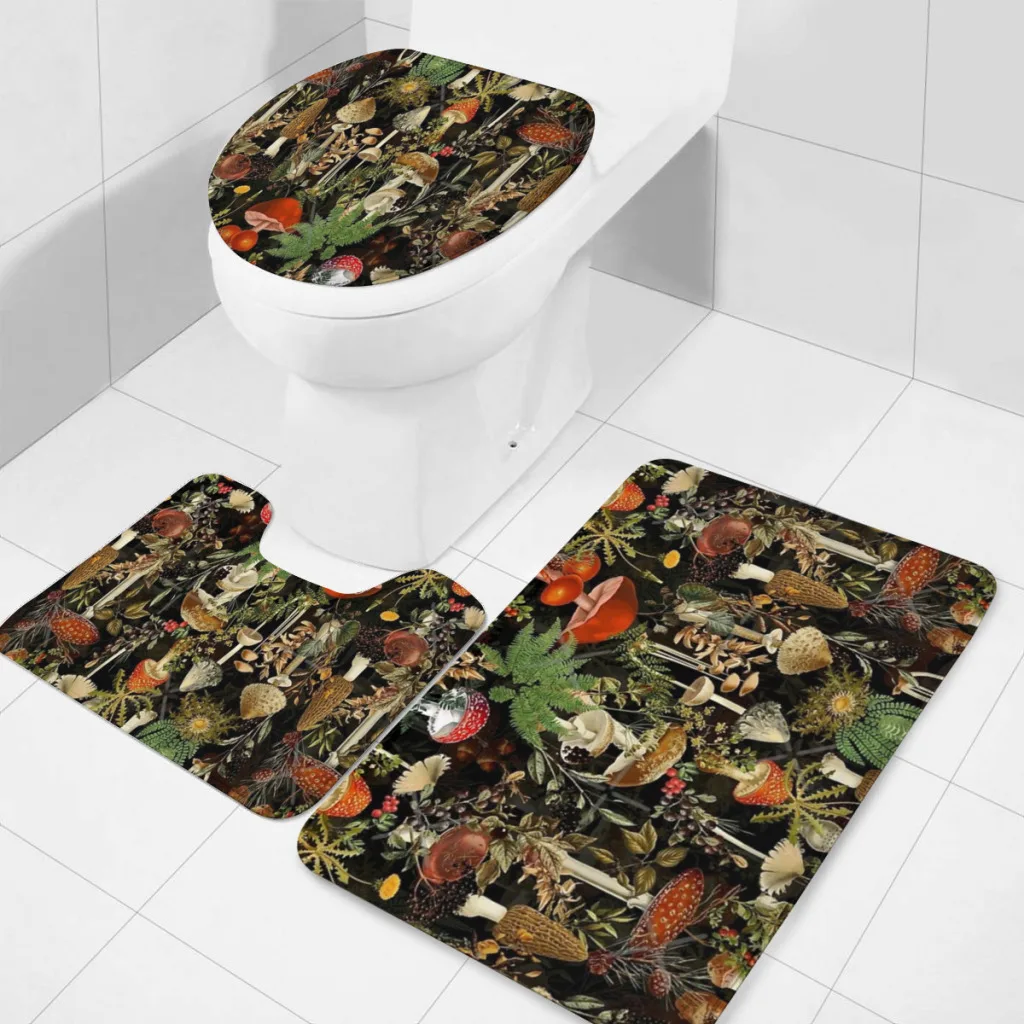 

Vintage Midnight Mushrooms Forest Botanical Night Garden Pattern - Black Colorful Bathroom Rugs Set 3 Piece