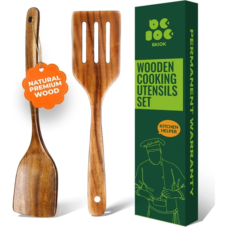 

Wooden Spoon for Cng Teak Wood Kitchen Utensil Set Flat Turner and Slotted Spatula for Non-Stick Pans Sautéing and Flipping 2P