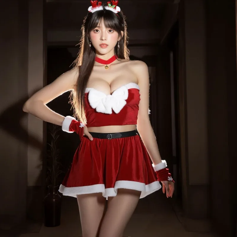 

Sexy Lingerie Pure Desire Red Christmas Reindeer Velvet Romantic Clothing Abstinence Style Butterfly Strapless Split Set