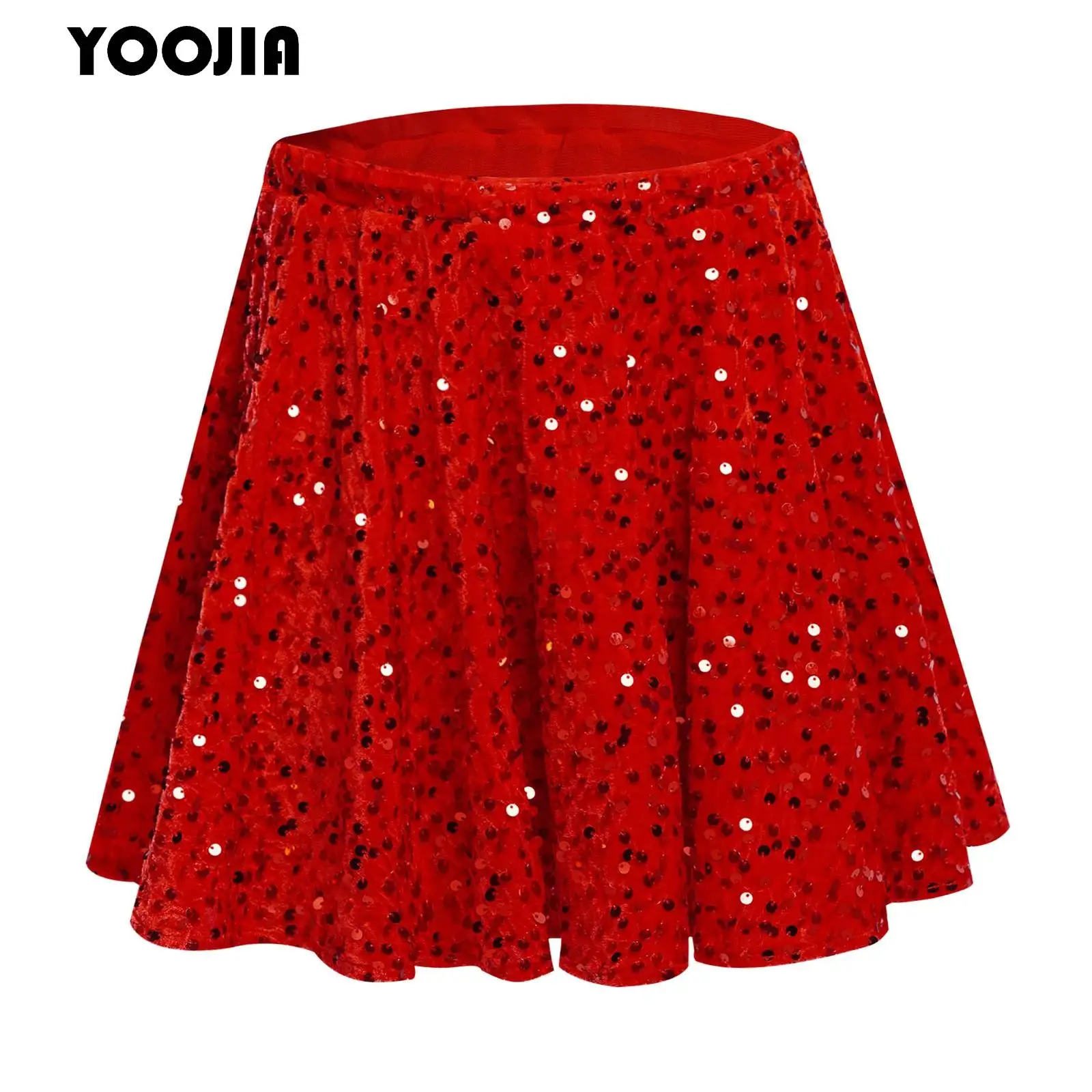

Kids Girls Sequin Dance Skirt Glitter Mini Pleated Skirts Christmas Red Tutu Skirt for Party Ballet Latin Jazz Stage Performance