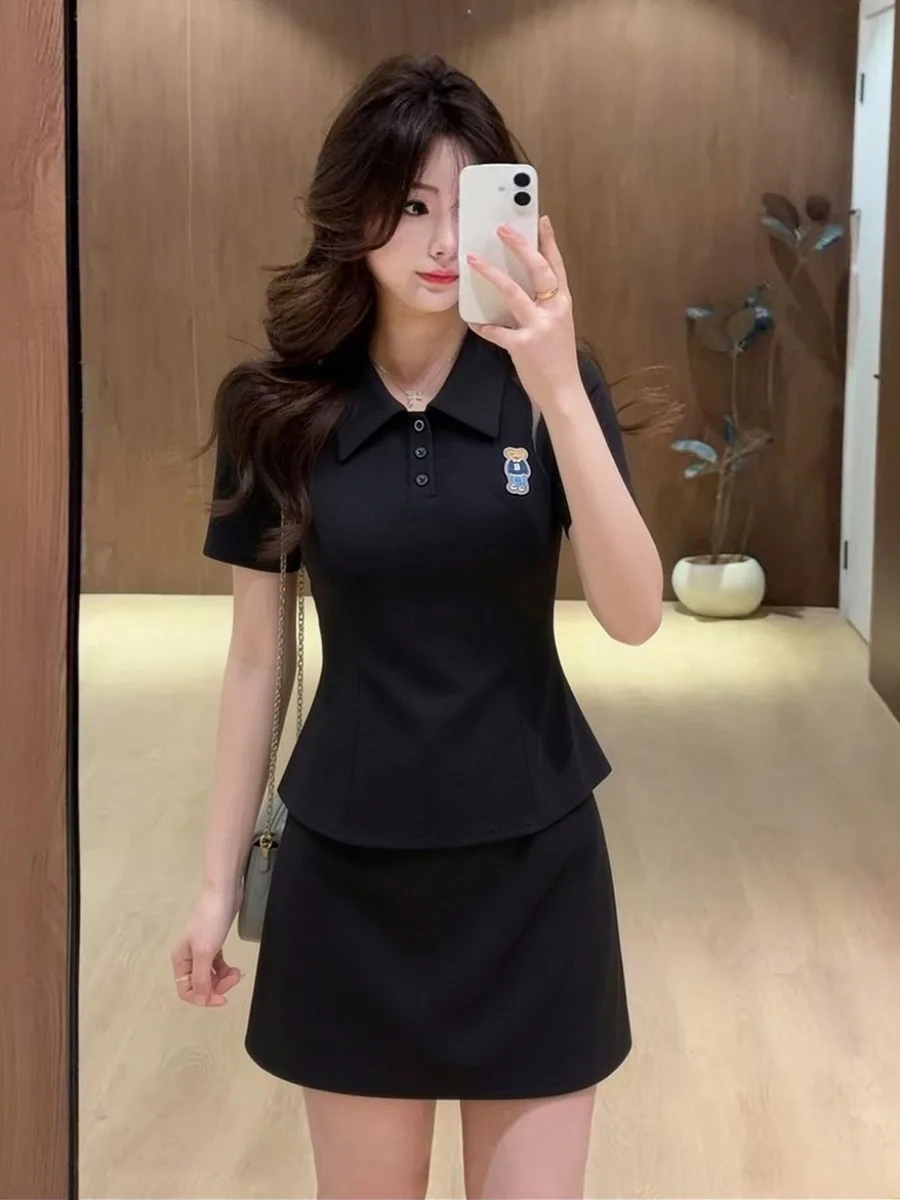 

plus Size Summer Casual Stylish Short Sleeve Shirt T-Shirt Slim Fit Half Skirt Fashionable Set Breathable Flip Collar Top