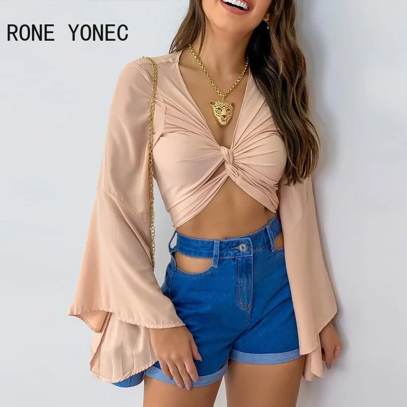 Women Chic Solid V neck Wrap Flared Sleeves Short Sexy Blouse Tops