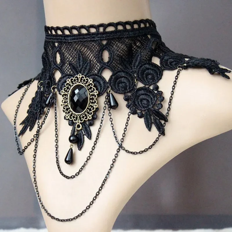 Fashion Gothic Victorian Crystal Tassel Tattoo Choker Necklace Black Lace Collar Vintage Women Wedding Jewelry