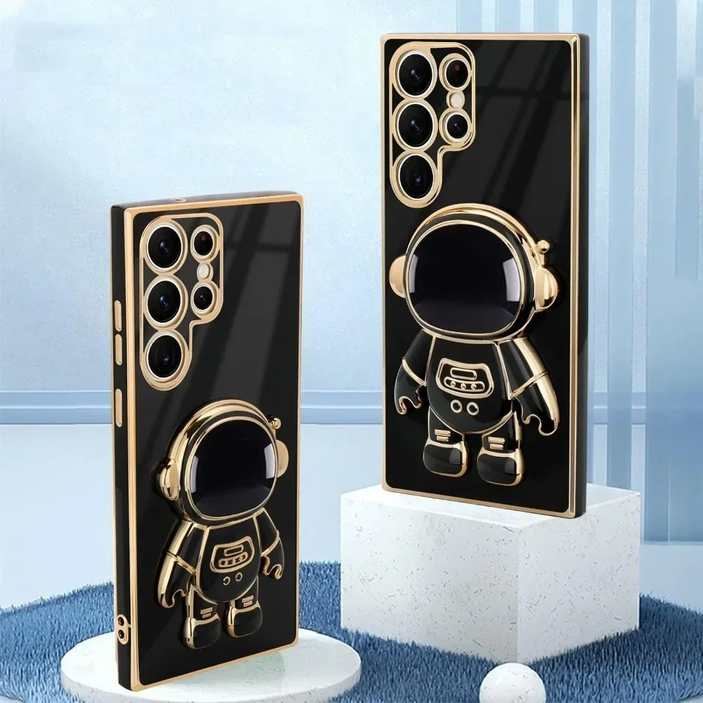 Luxury Astronaut Stand case for Samsung Galaxy S24FE S23FE S21FE S20FE M23 Slim Fit Soft Shockproof Bumper Electroplated Cover
