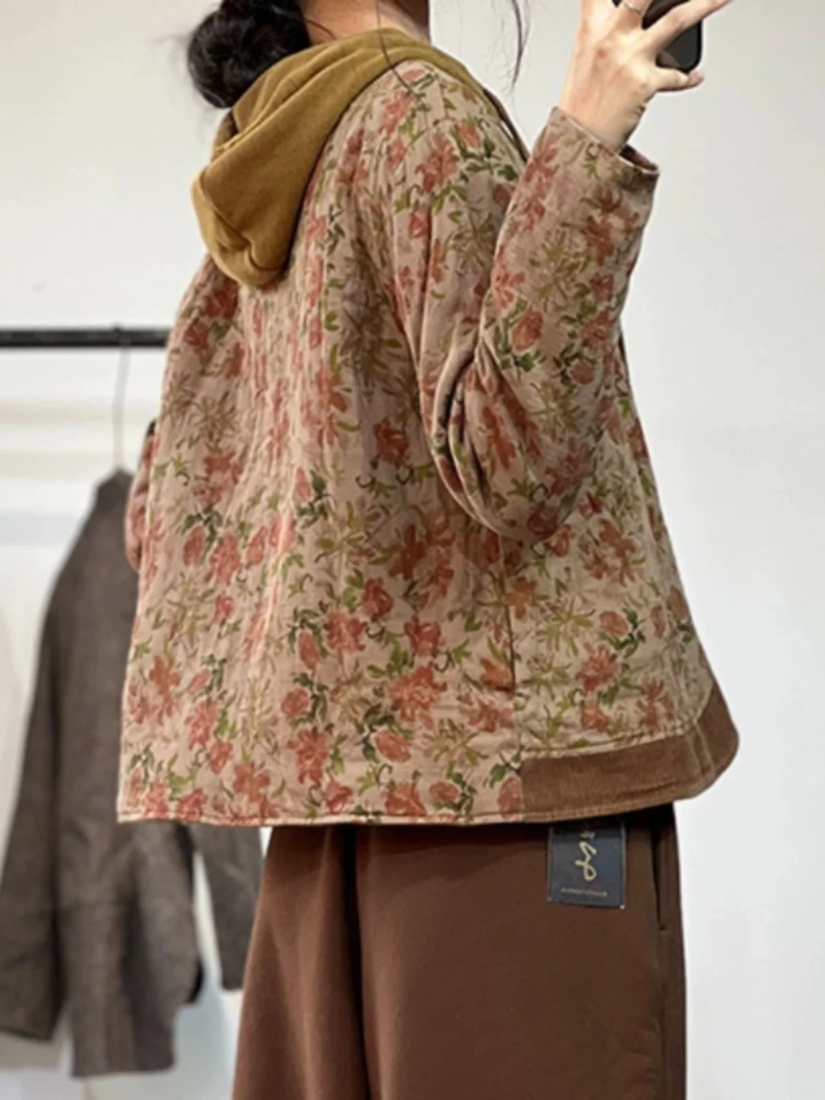 Casaco feminino de algodão com estampa floral Jaet, casaco fino de algodão com emenda em V, botão único, longo, ajuste solto, roupa externa de inverno