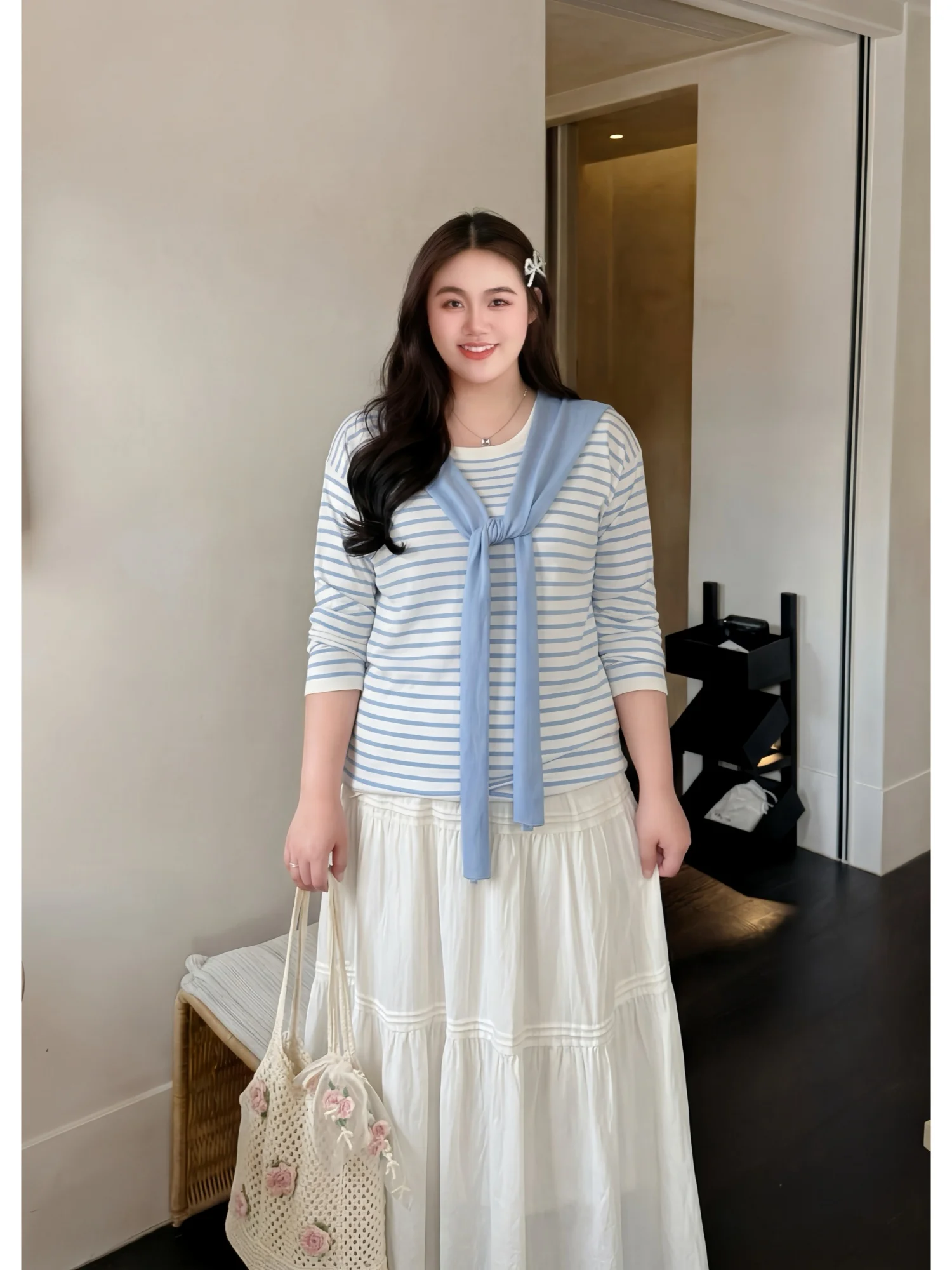 

plus Size Women's Casual Striped round Neck Long Sleeve T-Shirt Spring Shoulder Design Top Comfortable Standard Fit Commute S...