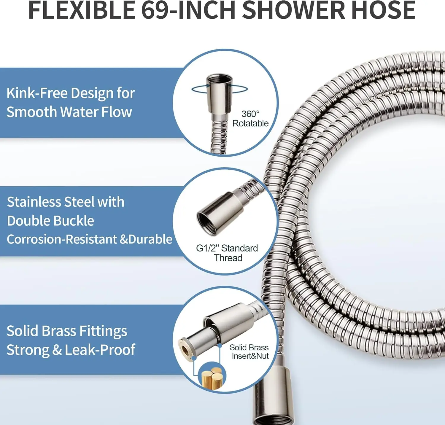 Conjunto de chuveiro ajustável com cabeça de mão, barra de apoio de aço inoxidável, mangueira de 69 polegadas em níquel escovado