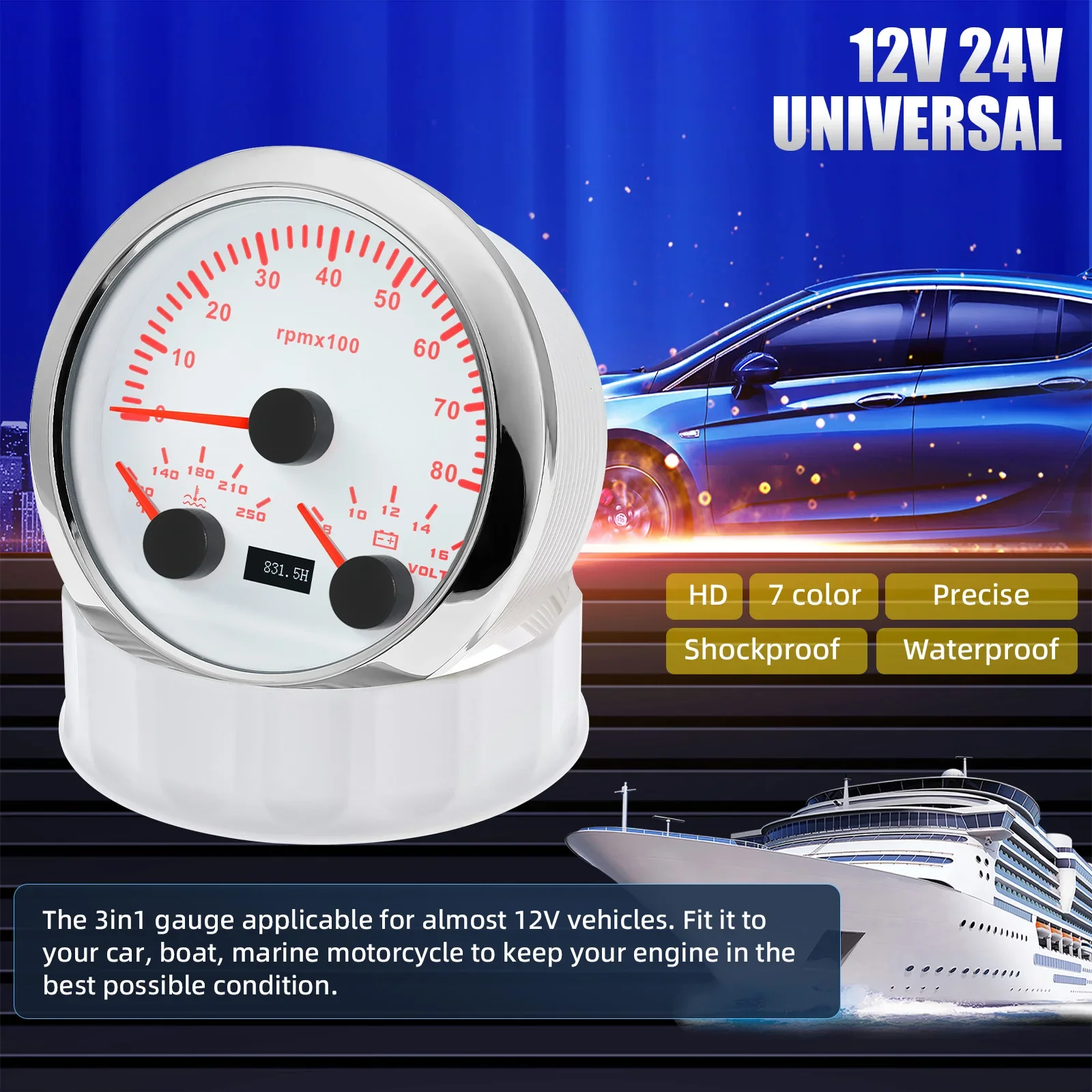 3 in 1 85MM Car Gauge 8K RPM Tachometer Water Temperature Voltmeter 8-16V 7 Colors Backlight for 12V Car Boat Marine Motorcycle