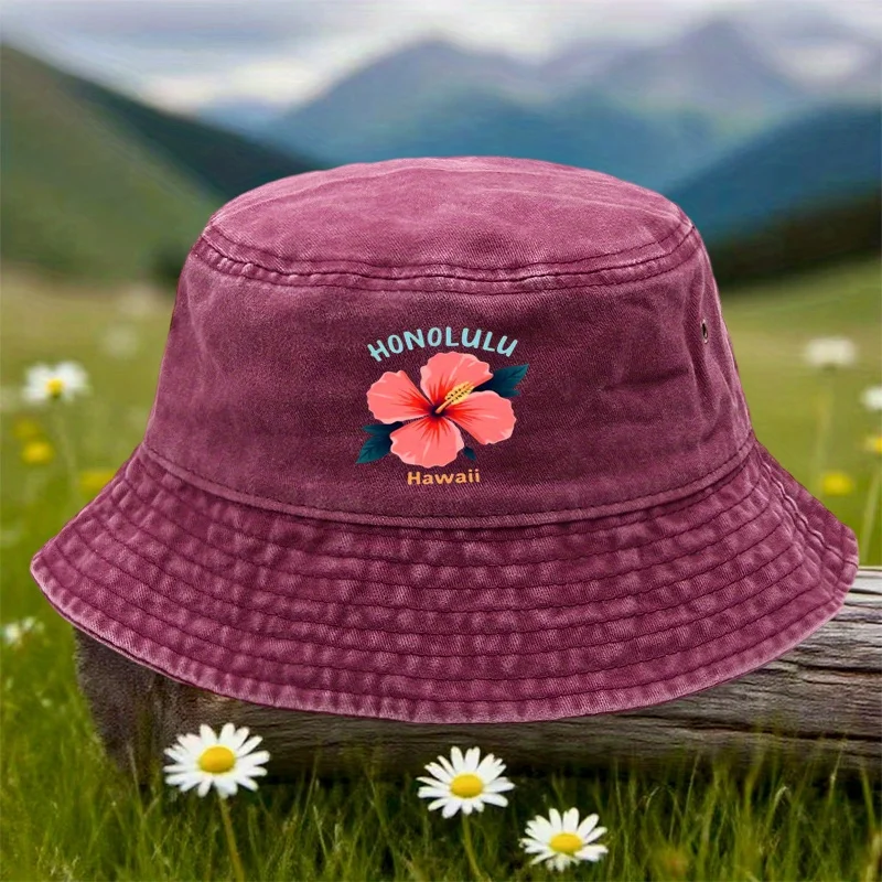 1 Stück Vintage Fischerhut - Leichter Nicht-Dehnbarer Bucket Hat mit HONOLULU Hawaii Blumenmuster, Breite Krempe für Angeln, Strand