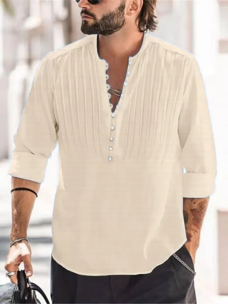 Camicia da uomo primavera e autunno camicia a maniche lunghe in cotone e lino esplosivo pieghevole slim moda casual tinta unita