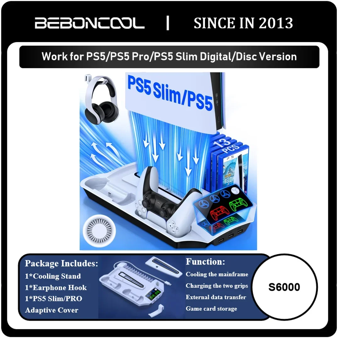 BEBONCOOL S6000 for PS5/PS5 Pro/PS5 Slim Vertical Stand Led Cooling Controller Charging Dock for Sony Playstation 5 Disc/Digital