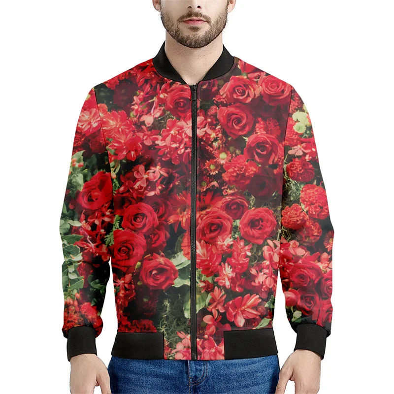 Fashion Rose Flower 3d Printed Jacket Men Women Floral Graphic Sweatshirt Tops Street Long Sleeves Zipper Bomber Coat Gift